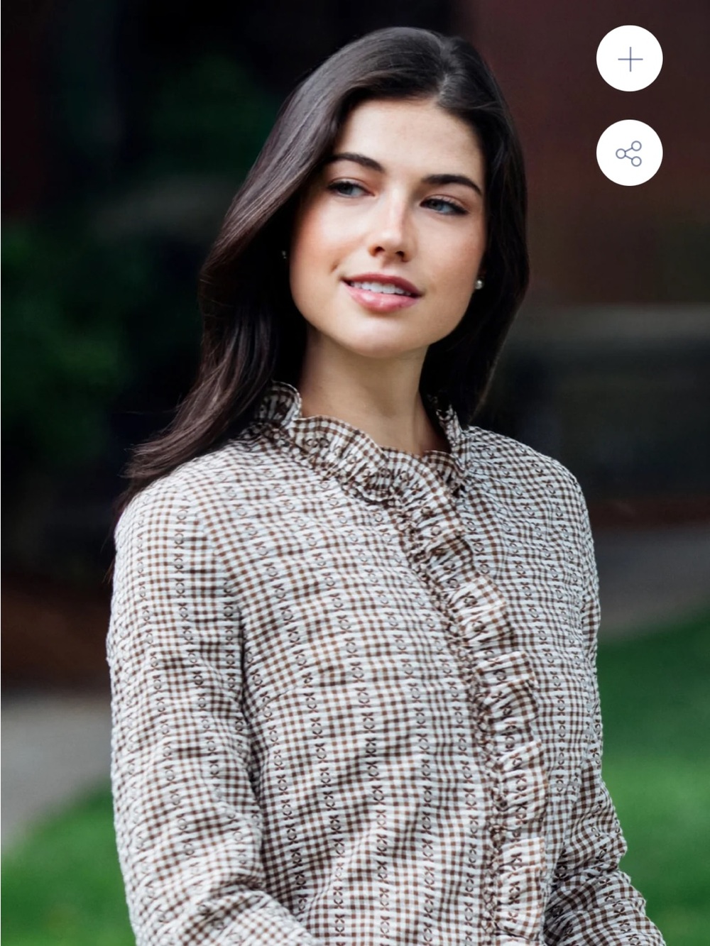 Kiel James Patrick Brown & Cream Plaid Ruffle-Front Blouse